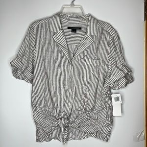 NWT French Connection Womens Stiped Button Down Shirt Ties Waist Gray White L LG